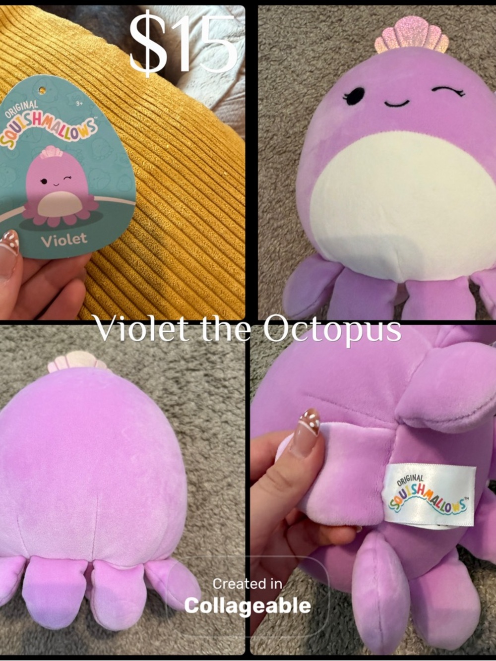 Squishmallows Violet Octopus Plush - Purple & Cream